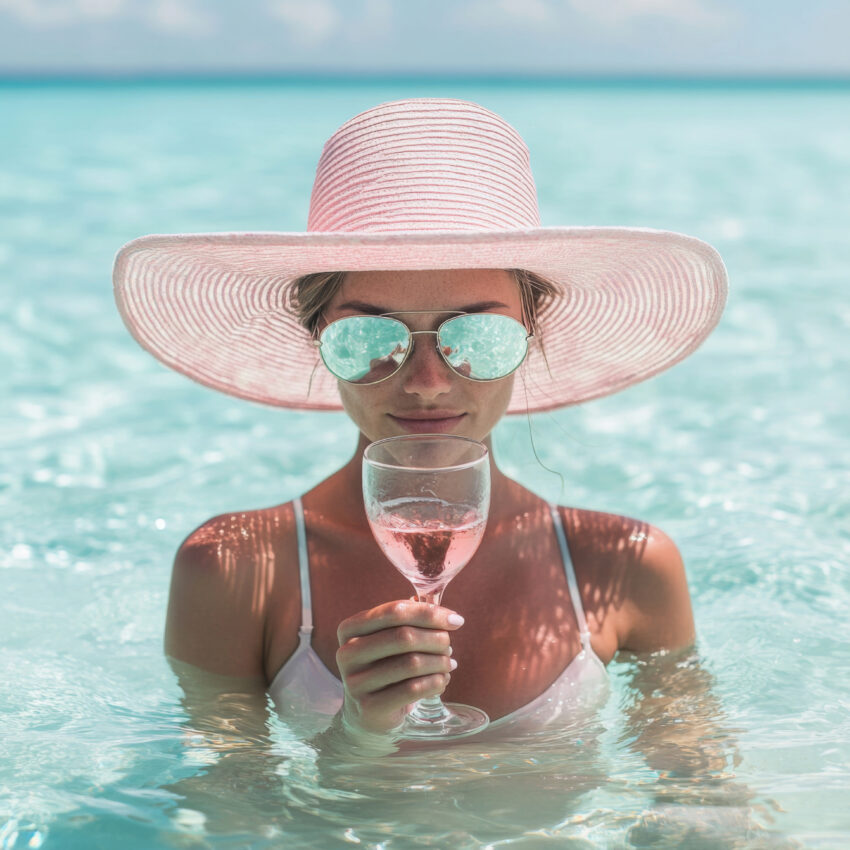 Poster einer Frau mit großem rosa Sonnenhut im Wasser, die ein Glas Rosé hält, sommerlicher Stil mit Blau und Rosa
