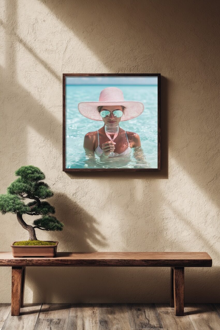 Poster einer Frau mit großem rosa Sonnenhut im Wasser, die ein Glas Rosé hält, sommerlicher Stil mit Blau und Rosa