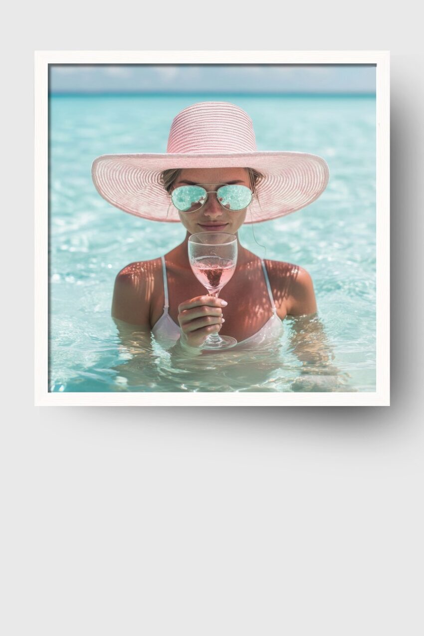 Poster einer Frau mit großem rosa Sonnenhut im Wasser, die ein Glas Rosé hält, sommerlicher Stil mit Blau und Rosa