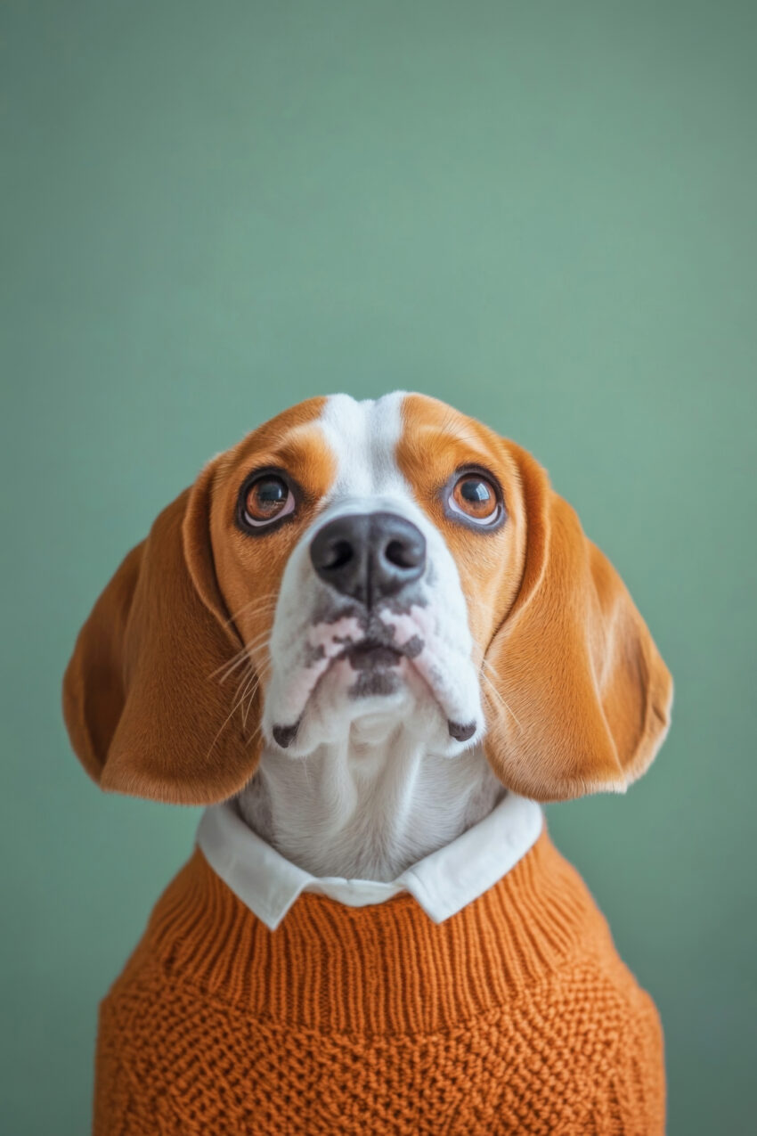 Poster eines Beagle Hundes mit orangenem Strickpullover und weißem Hemd vor grünem Hintergrund in realistischer Fotografie