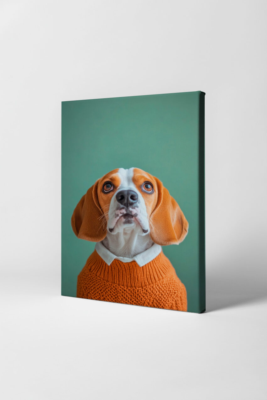 Poster eines Beagle Hundes mit orangenem Strickpullover und weißem Hemd vor grünem Hintergrund in realistischer Fotografie