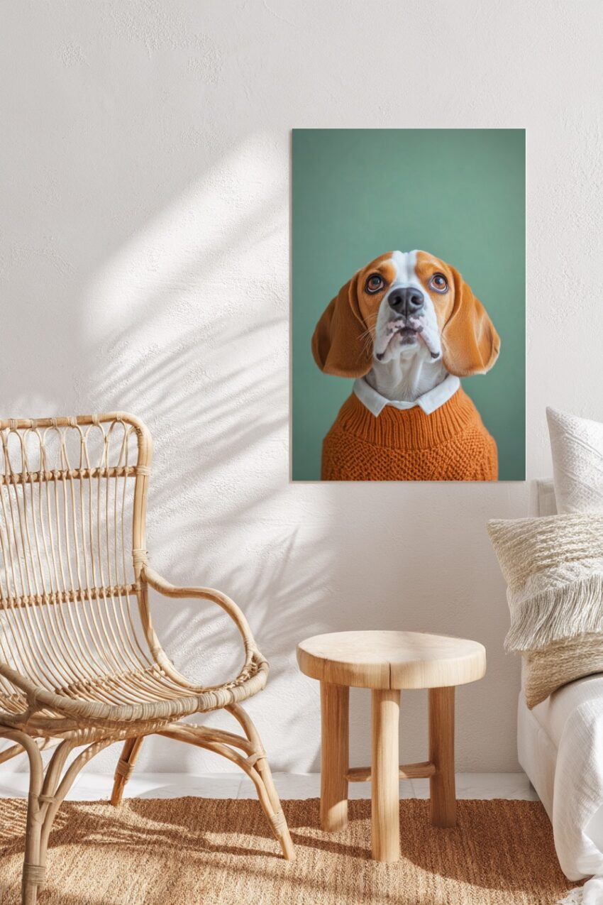 Poster eines Beagle Hundes mit orangenem Strickpullover und weißem Hemd vor grünem Hintergrund in realistischer Fotografie