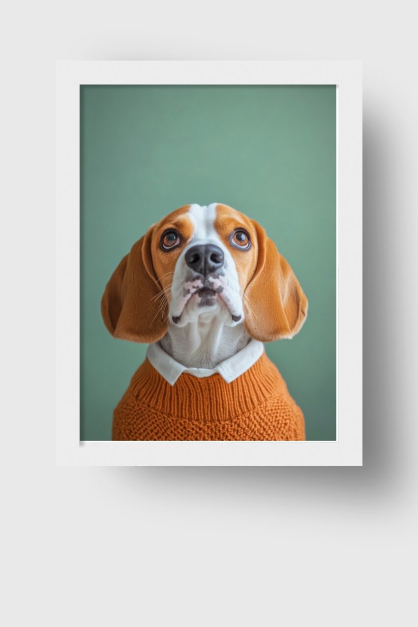 Poster eines Beagle Hundes mit orangenem Strickpullover und weißem Hemd vor grünem Hintergrund in realistischer Fotografie
