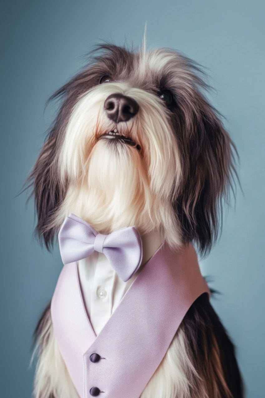 Poster mit Hund in Fliege und Weste vor blauem Hintergrund, stilvoll und elegant fotografiert