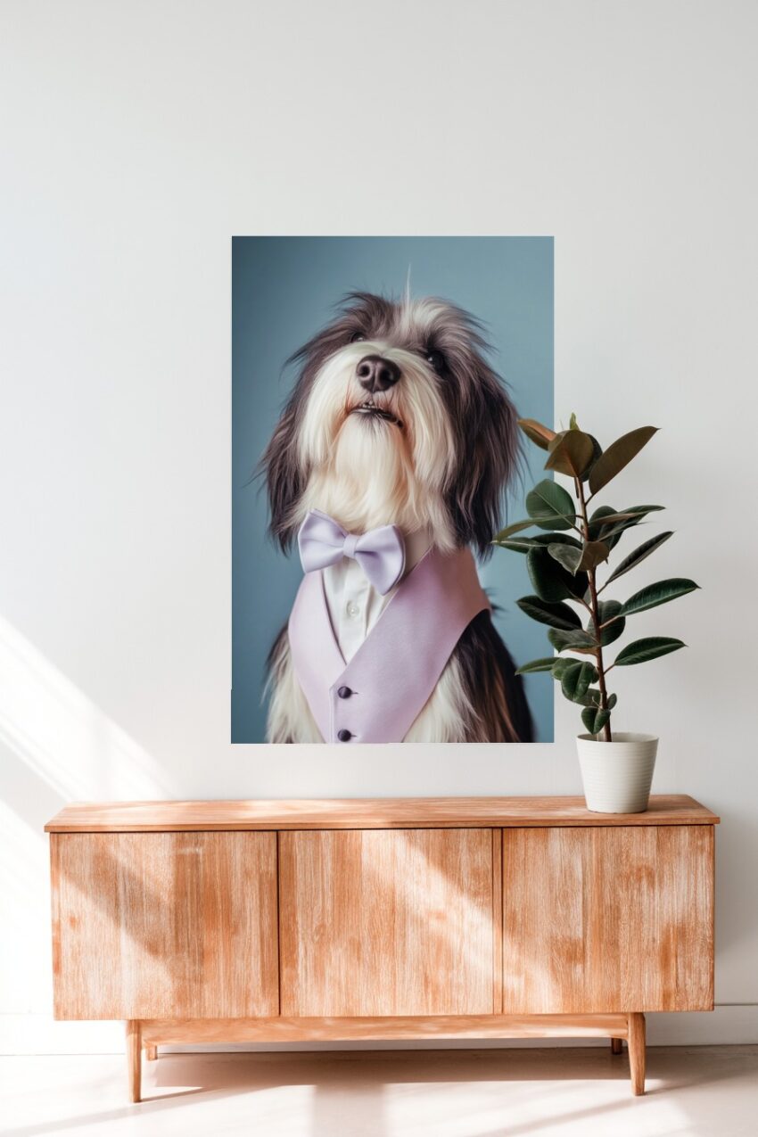 Poster mit Hund in Fliege und Weste vor blauem Hintergrund, stilvoll und elegant fotografiert