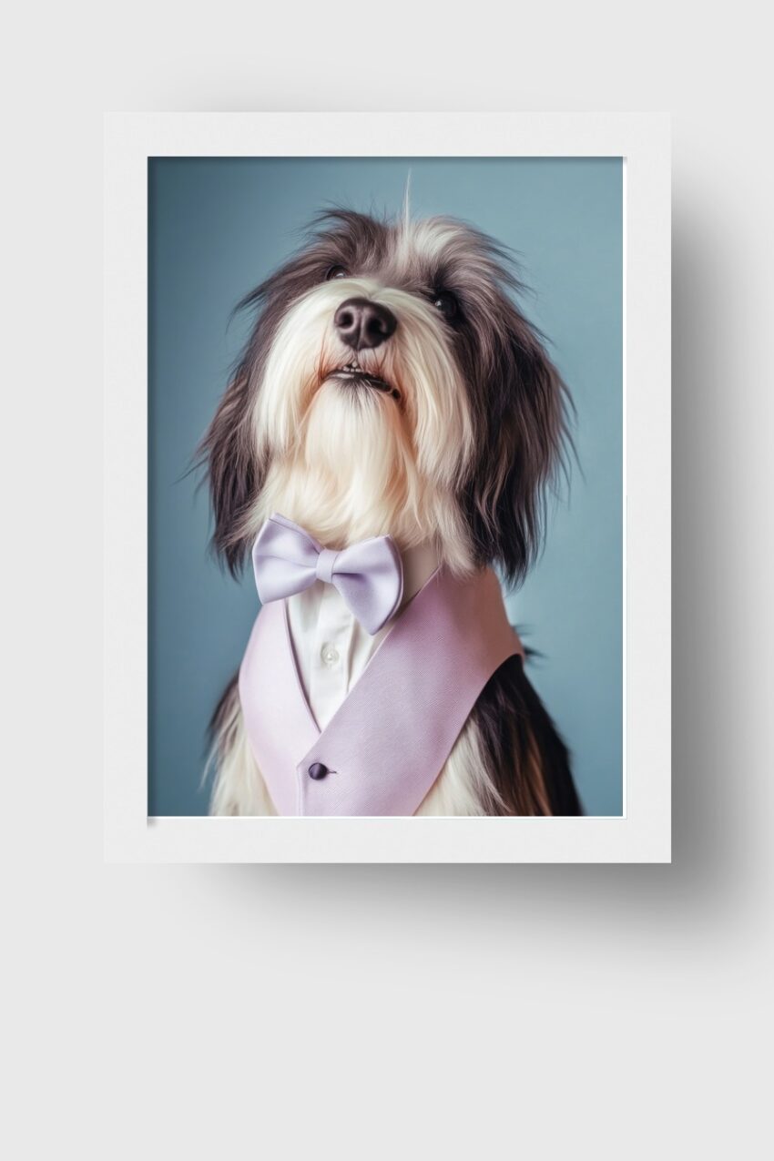 Poster mit Hund in Fliege und Weste vor blauem Hintergrund, stilvoll und elegant fotografiert