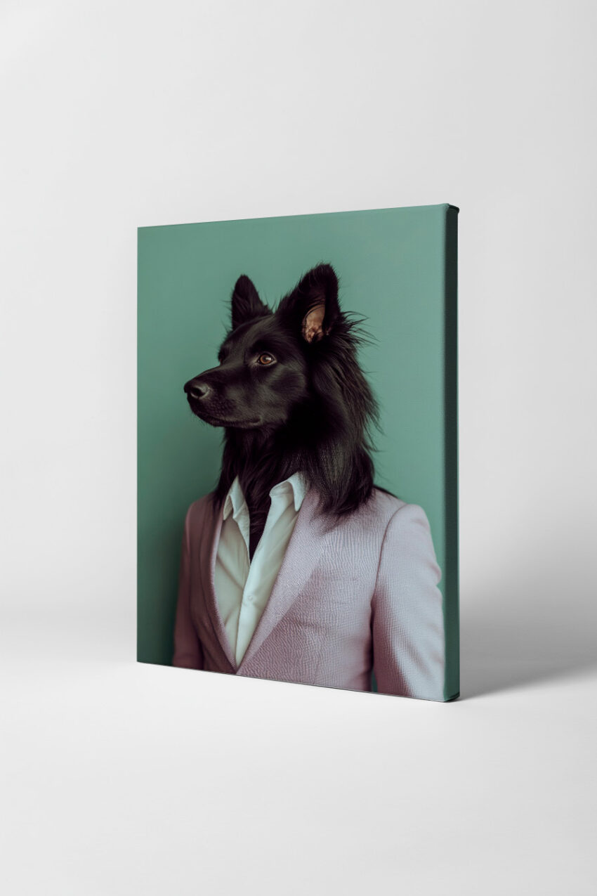 Poster eines schwarzen Hundes mit langem Fell im lila Anzug vor grünem Hintergrund in stilvollem Porträt