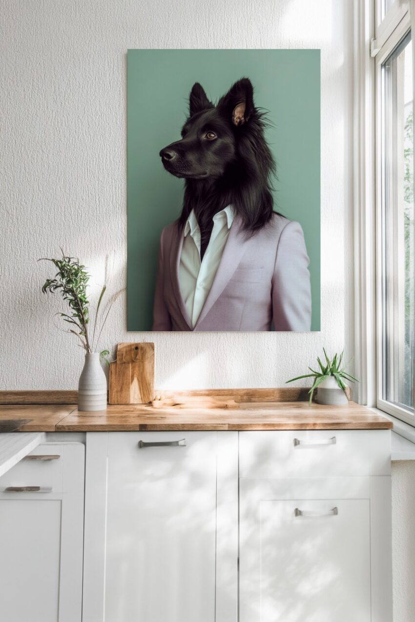 Poster eines schwarzen Hundes mit langem Fell im lila Anzug vor grünem Hintergrund in stilvollem Porträt