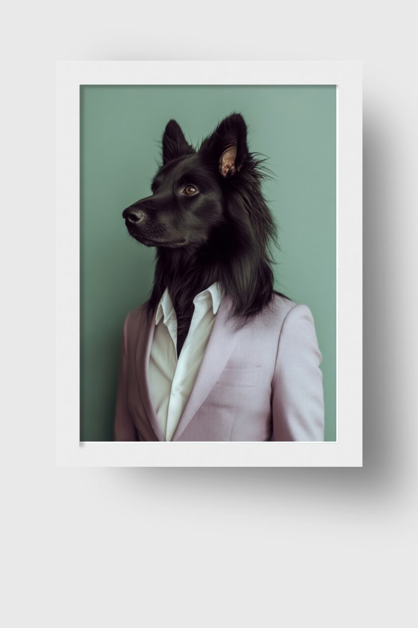 Poster eines schwarzen Hundes mit langem Fell im lila Anzug vor grünem Hintergrund in stilvollem Porträt