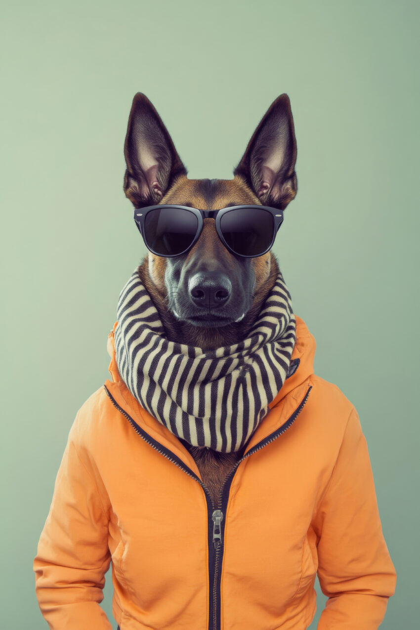 Poster mit Hund im Portrait, der eine schwarze Sonnenbrille, eine orange Jacke und einen gestreiften Schal trägt, moderner Stil vor grünem Hintergrund