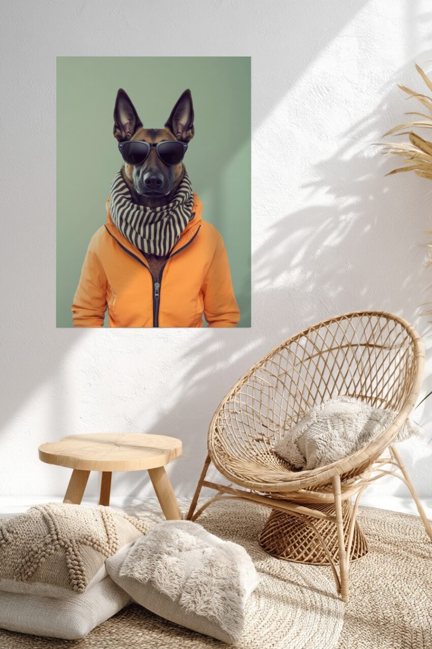 Poster mit Hund im Portrait, der eine schwarze Sonnenbrille, eine orange Jacke und einen gestreiften Schal trägt, moderner Stil vor grünem Hintergrund