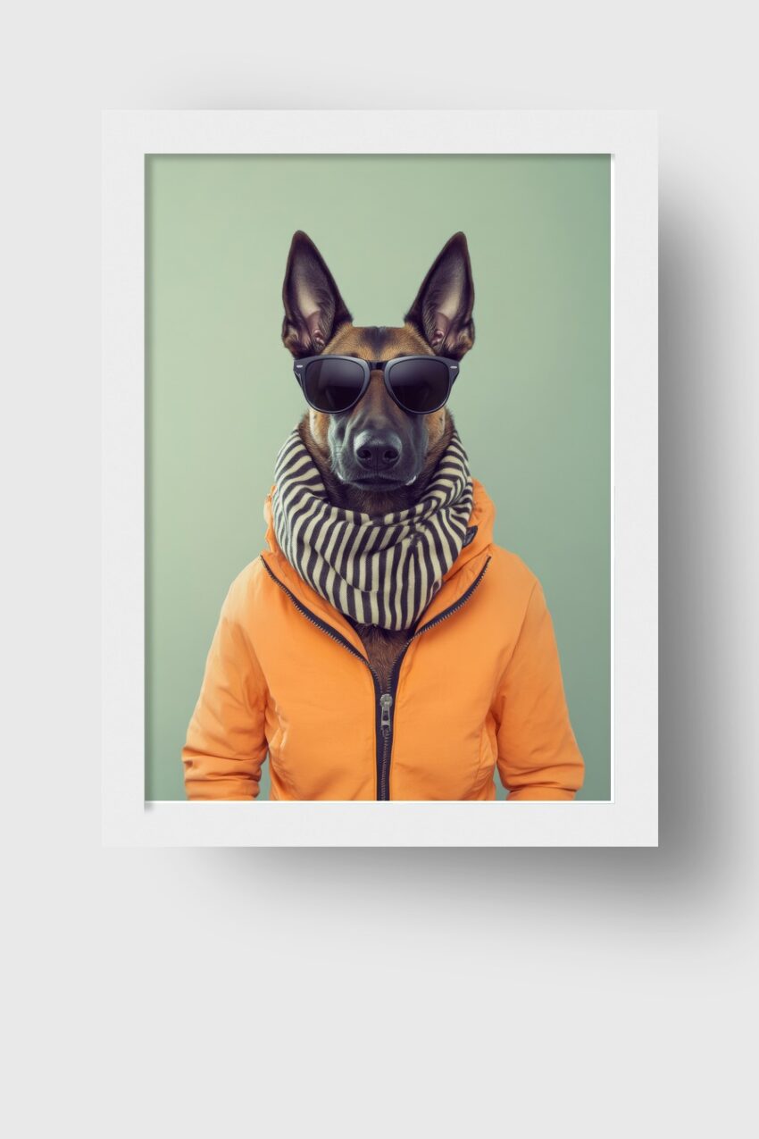 Poster mit Hund im Portrait, der eine schwarze Sonnenbrille, eine orange Jacke und einen gestreiften Schal trägt, moderner Stil vor grünem Hintergrund