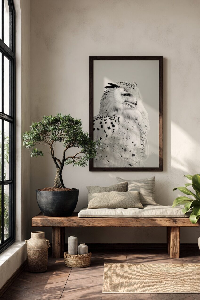 Poster einer Schnee-Eule Nahaufnahme in Schwarz-Weiß mit detailreichem Gefieder und natürlicher Eleganz