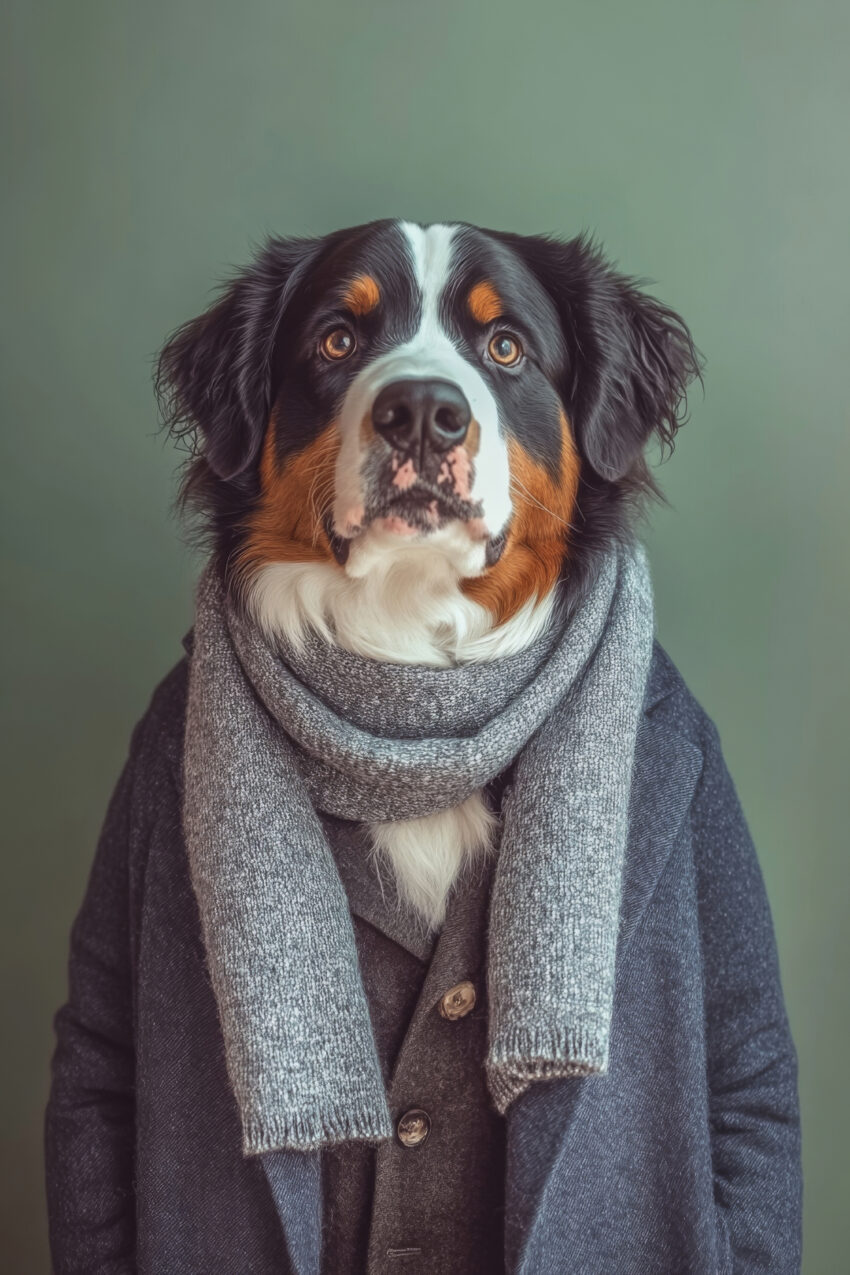 Kunstdruck eines Bernhardiner Hundes mit grauem Schal und Mantel vor grünem Hintergrund in ruhigen Farben