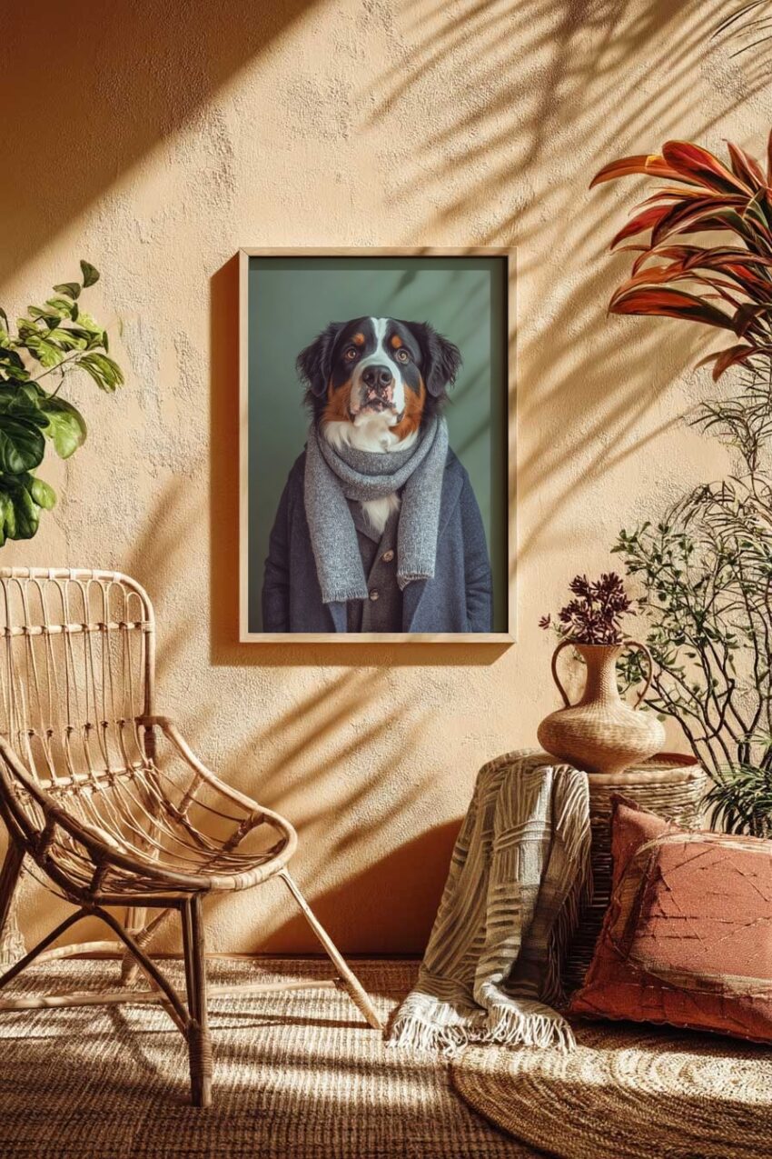 Kunstdruck eines Bernhardiner Hundes mit grauem Schal und Mantel vor grünem Hintergrund in ruhigen Farben