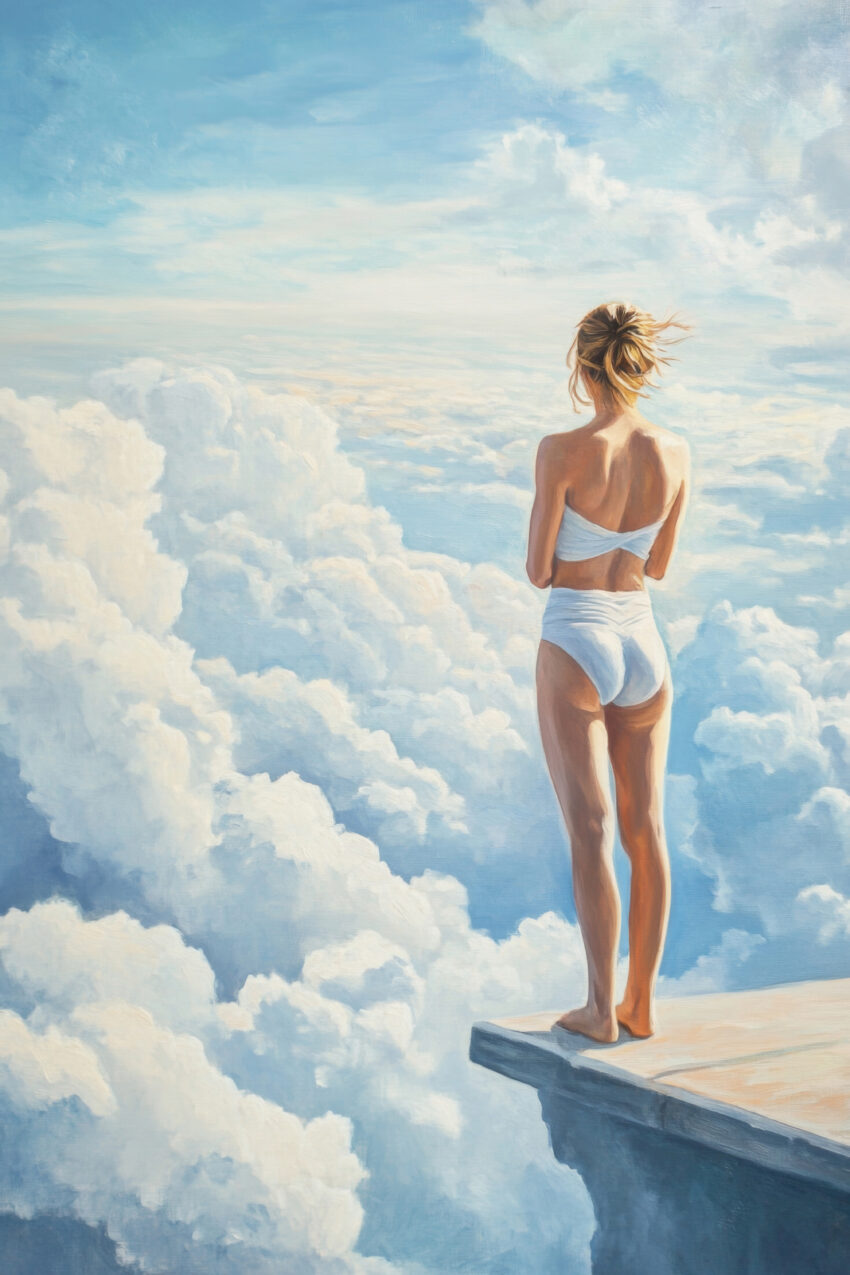 Kunstdruck einer Frau im weißen Badeanzug auf einem Felsen vor einem Wolkenmeer in pastelligen Blau- und Weißtönen