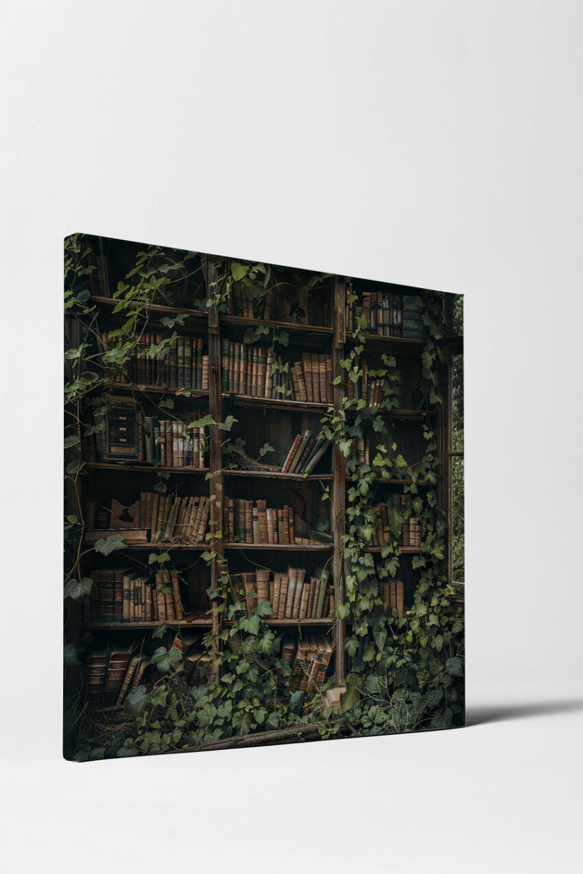 Poster mit altem Bücherregal, überwuchert von grünem Efeu, vintage Stil, natürliche Farben in Braun und Grün