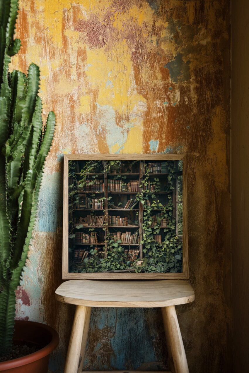Poster mit altem Bücherregal, überwuchert von grünem Efeu, vintage Stil, natürliche Farben in Braun und Grün