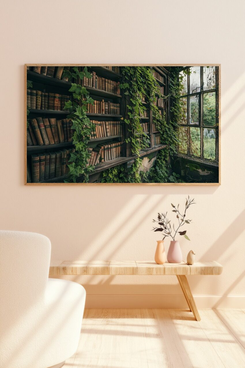 Kunstdruck eines alten Bücherregals mit überwucherndem grünem Efeu neben Fenster in dunklem Leseraum