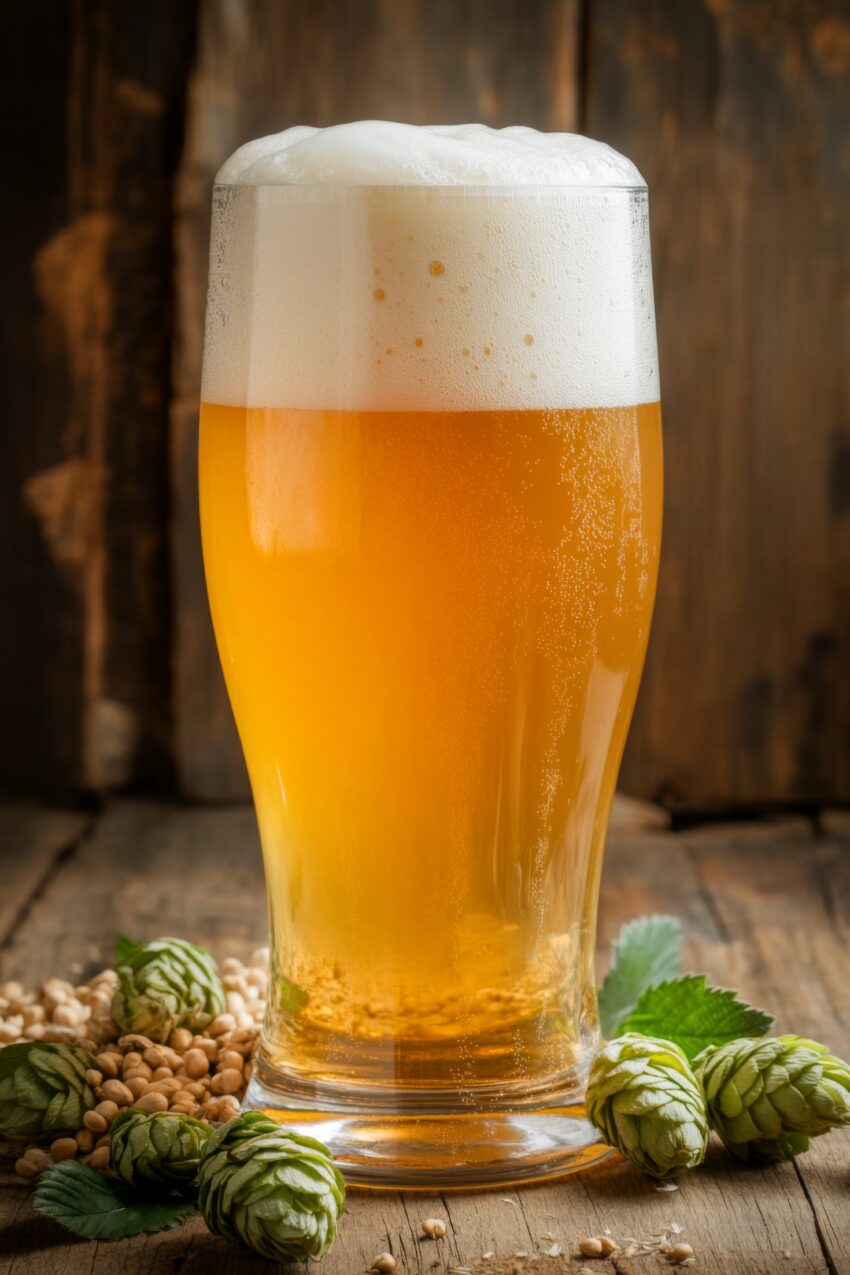Poster mit frisch eingeschenktem Bierglas mit Schaum und Hopfenzapfen auf Holztisch in warmen Farben
