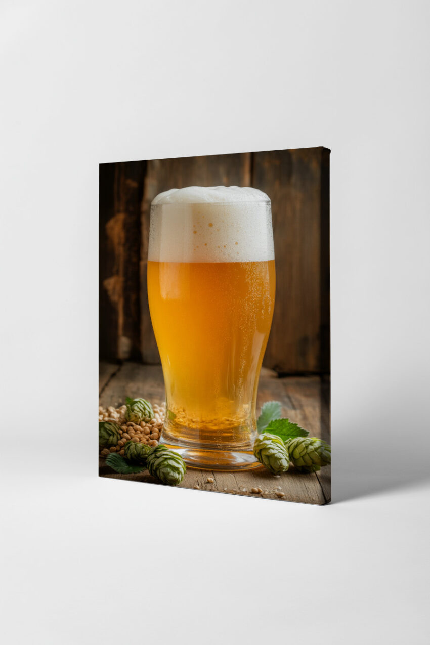 Poster mit frisch eingeschenktem Bierglas mit Schaum und Hopfenzapfen auf Holztisch in warmen Farben