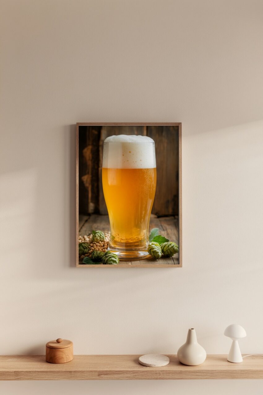 Poster mit frisch eingeschenktem Bierglas mit Schaum und Hopfenzapfen auf Holztisch in warmen Farben