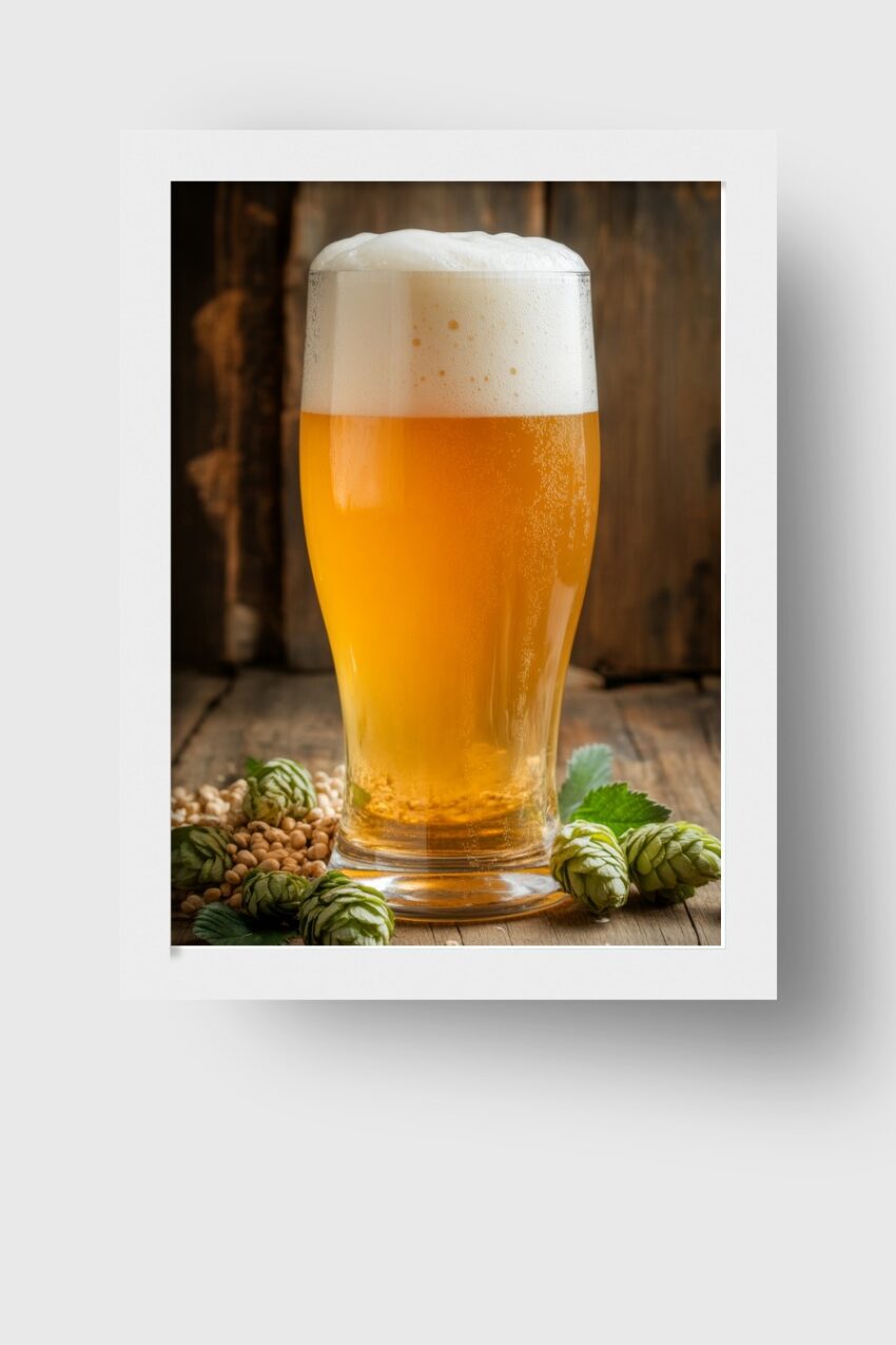 Poster mit frisch eingeschenktem Bierglas mit Schaum und Hopfenzapfen auf Holztisch in warmen Farben