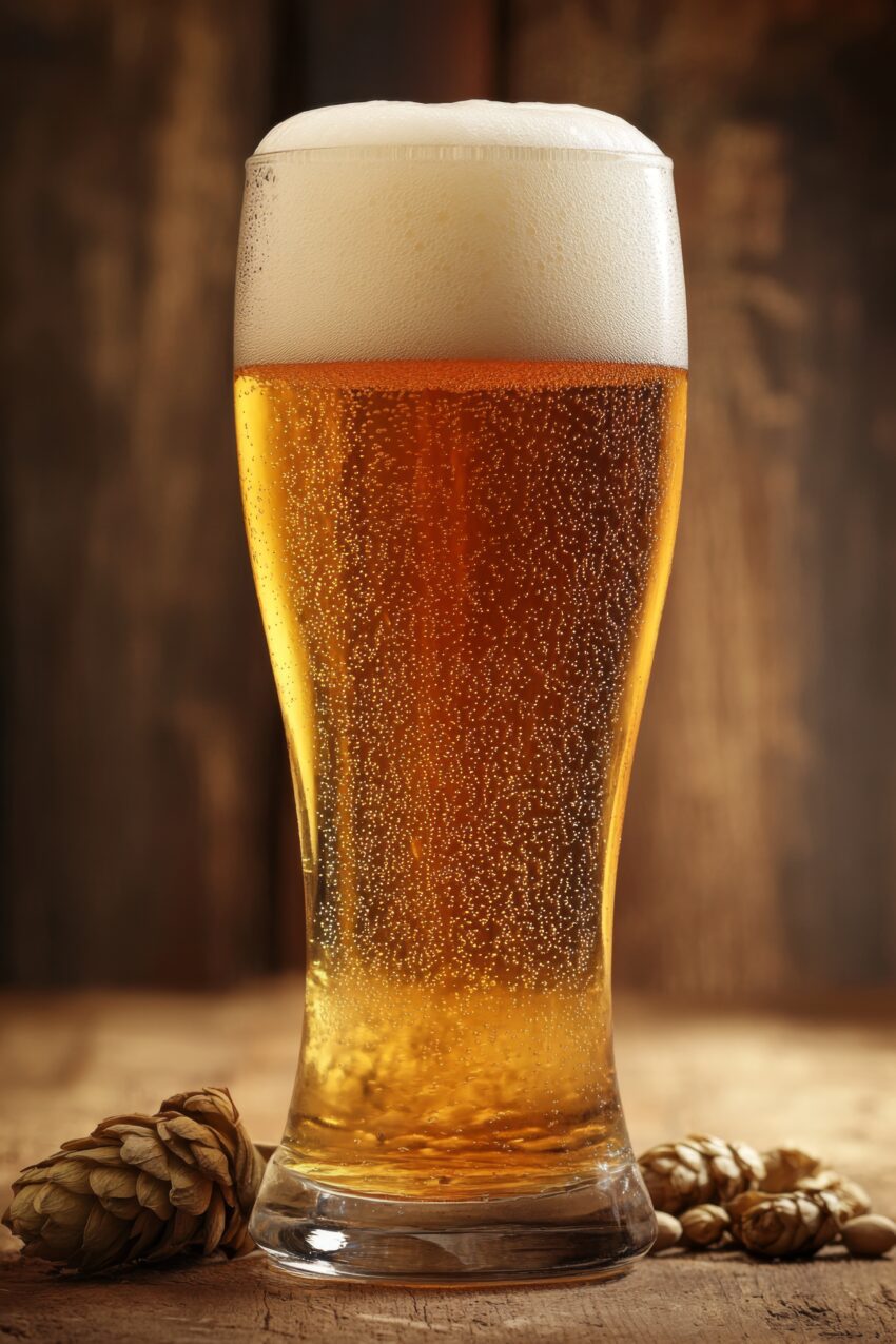 Poster mit einem Bierglas voller goldenem Bier und cremigem Schaum auf Holztisch mit Hopfen