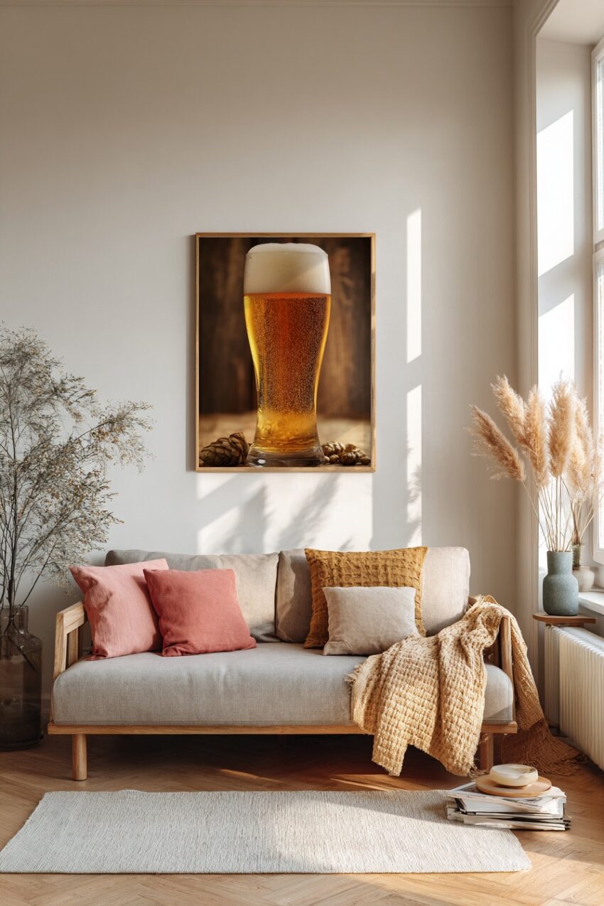 Poster mit einem Bierglas voller goldenem Bier und cremigem Schaum auf Holztisch mit Hopfen