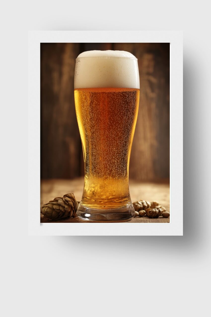 Poster mit einem Bierglas voller goldenem Bier und cremigem Schaum auf Holztisch mit Hopfen