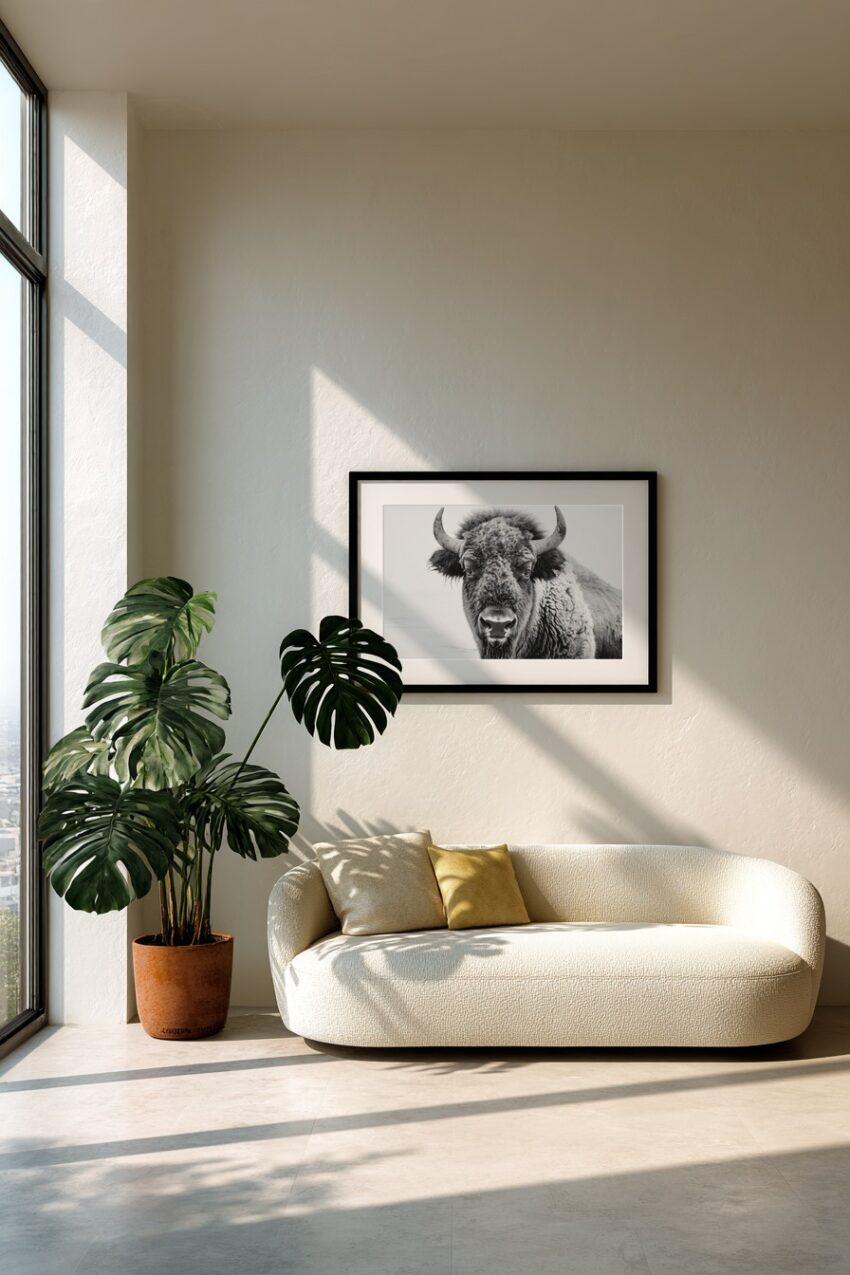 Poster eines Bisons in schwarz-weiß als detailliertes Tierporträt mit starkem Fell