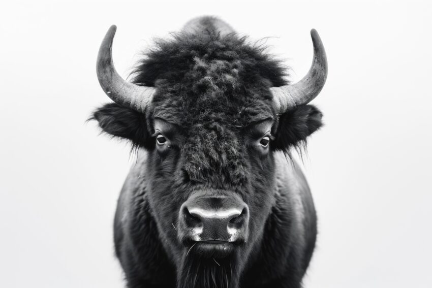Schwarz weiß Poster eines Bisons als Nahaufnahme, Detailreiches Tierporträt mit Fokus auf Hörner und Gesicht