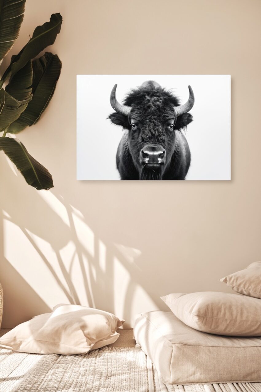 Schwarz weiß Poster eines Bisons als Nahaufnahme, Detailreiches Tierporträt mit Fokus auf Hörner und Gesicht