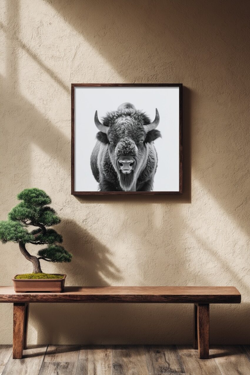 Schwarz-weiß Poster eines Bisons mit schneebedecktem Fell im Porträtstil