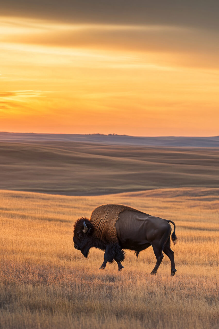 Poster eines Bisons auf offener Grassteppe bei Sonnenuntergang in warmen goldenen Farbtönen