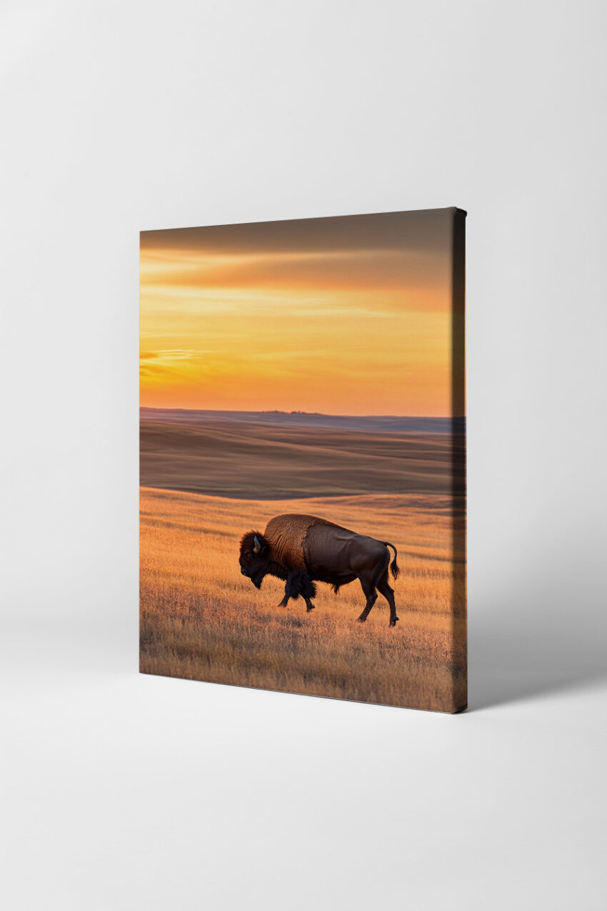 Poster eines Bisons auf offener Grassteppe bei Sonnenuntergang in warmen goldenen Farbtönen