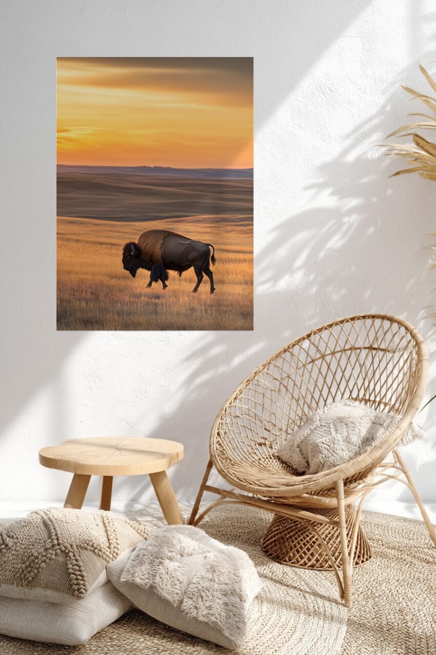 Poster eines Bisons auf offener Grassteppe bei Sonnenuntergang in warmen goldenen Farbtönen