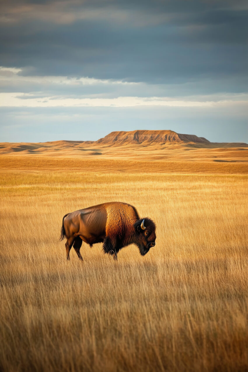 Poster mit Bison in goldener Graslandschaft vor Felsen unter bewölktem Himmel in natürlichem Licht