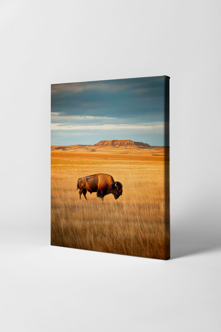 Poster mit Bison in goldener Graslandschaft vor Felsen unter bewölktem Himmel in natürlichem Licht