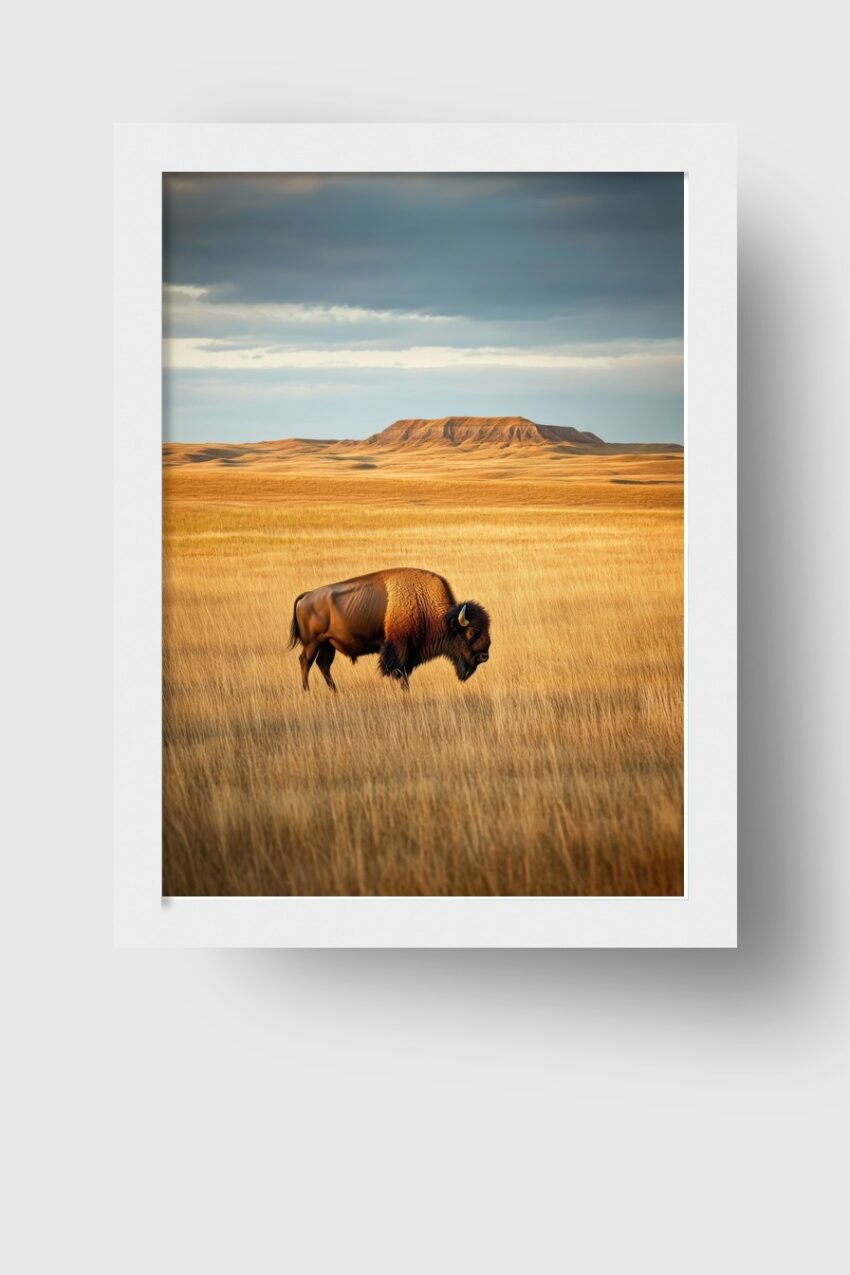 Poster mit Bison in goldener Graslandschaft vor Felsen unter bewölktem Himmel in natürlichem Licht