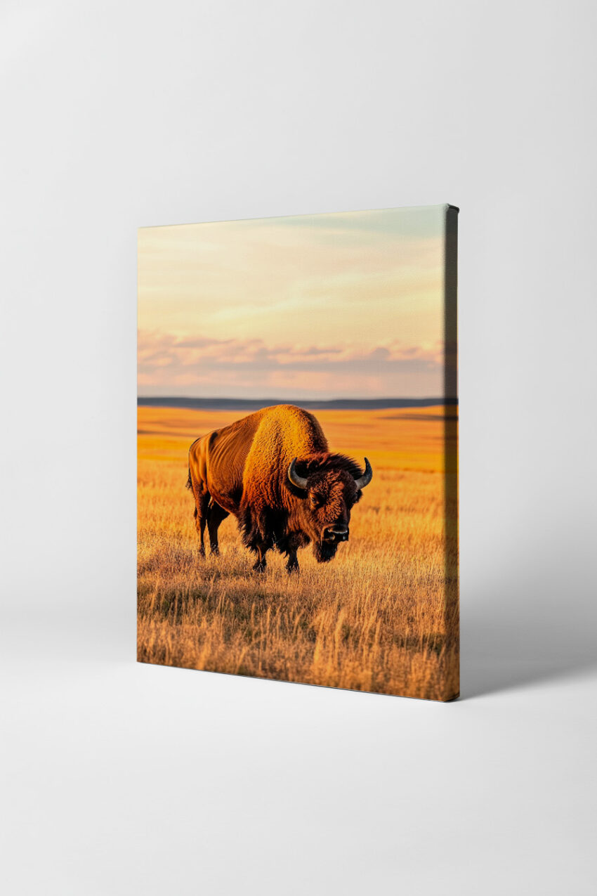 Wandbild mit Bison auf Grasfeld im warmen Sonnenlicht, Naturfoto in warmen Farben