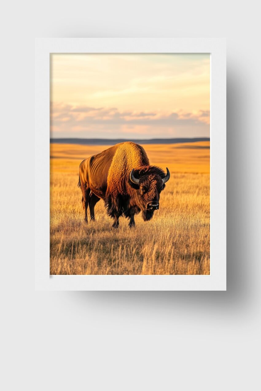 Wandbild mit Bison auf Grasfeld im warmen Sonnenlicht, Naturfoto in warmen Farben
