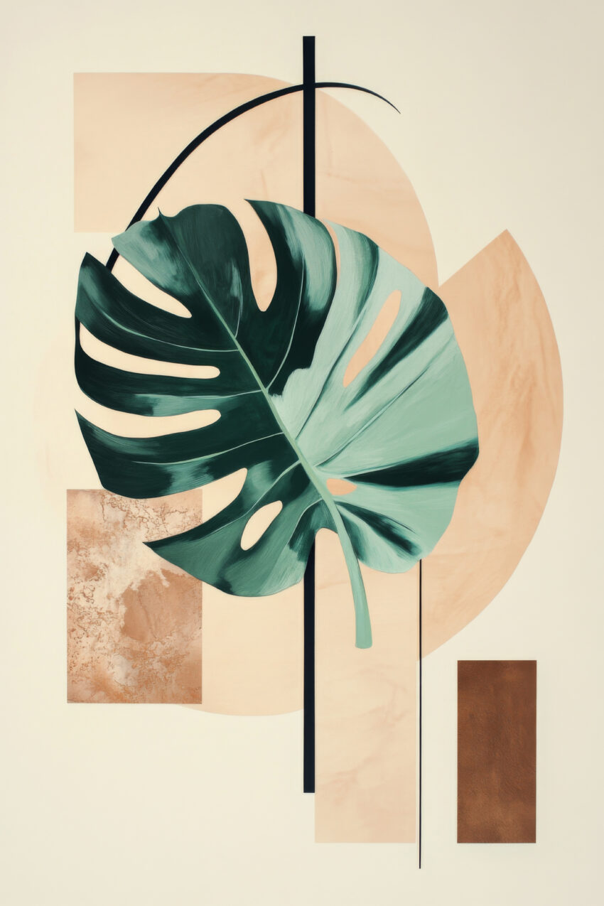 Kunstdruck mit abstraktem Monstera Blatt und geometrischen Formen in Beige und Braun