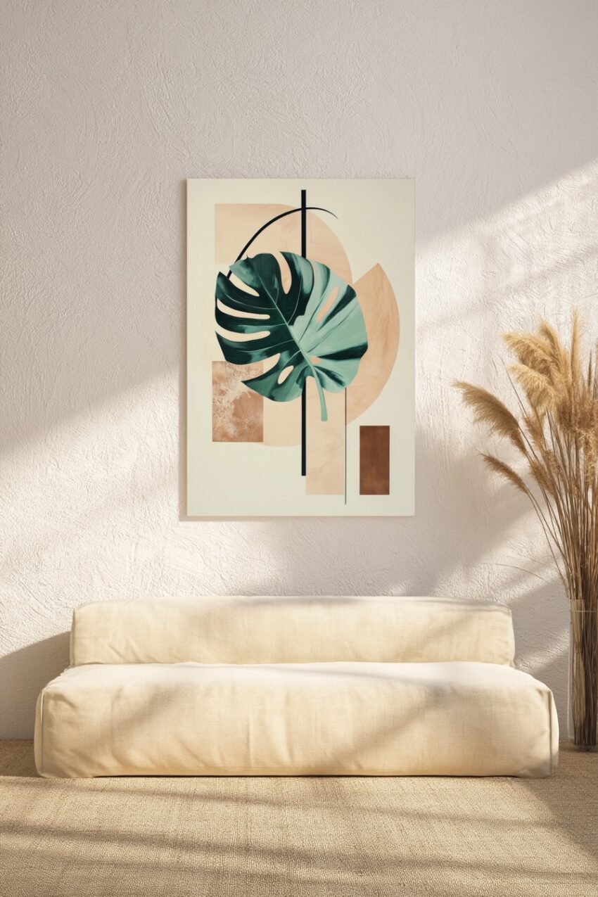 Kunstdruck mit abstraktem Monstera Blatt und geometrischen Formen in Beige und Braun