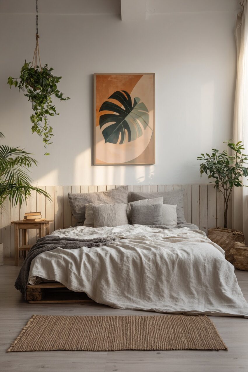 Poster mit abstraktem Monstera Blatt in Beige und Braun vor geometrischem Hintergrund