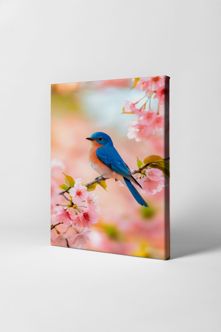 Poster mit blauem Vogel auf Ast und rosa Kirschblüten im Frühling in sanften Farben