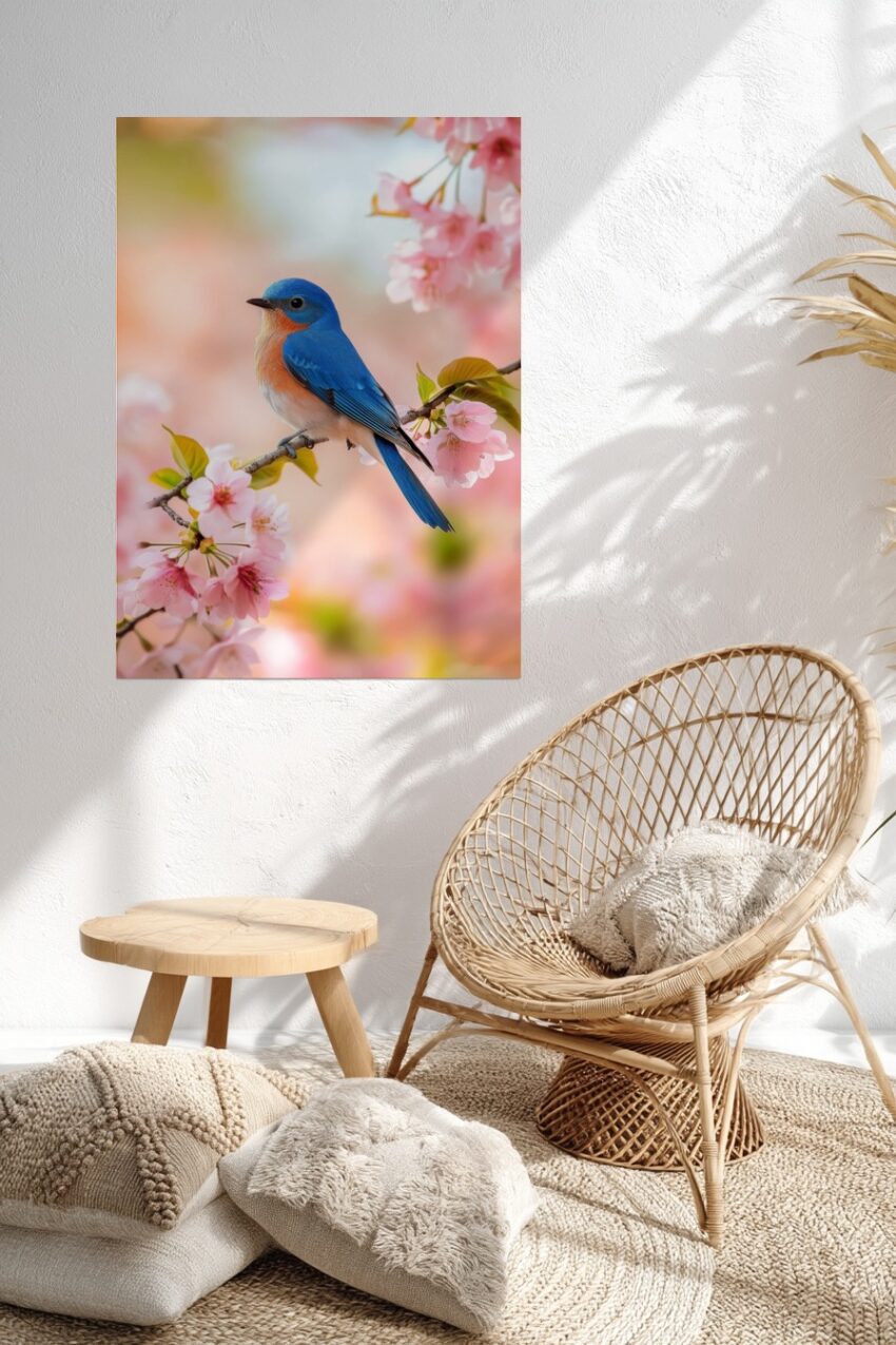 Poster mit blauem Vogel auf Ast und rosa Kirschblüten im Frühling in sanften Farben