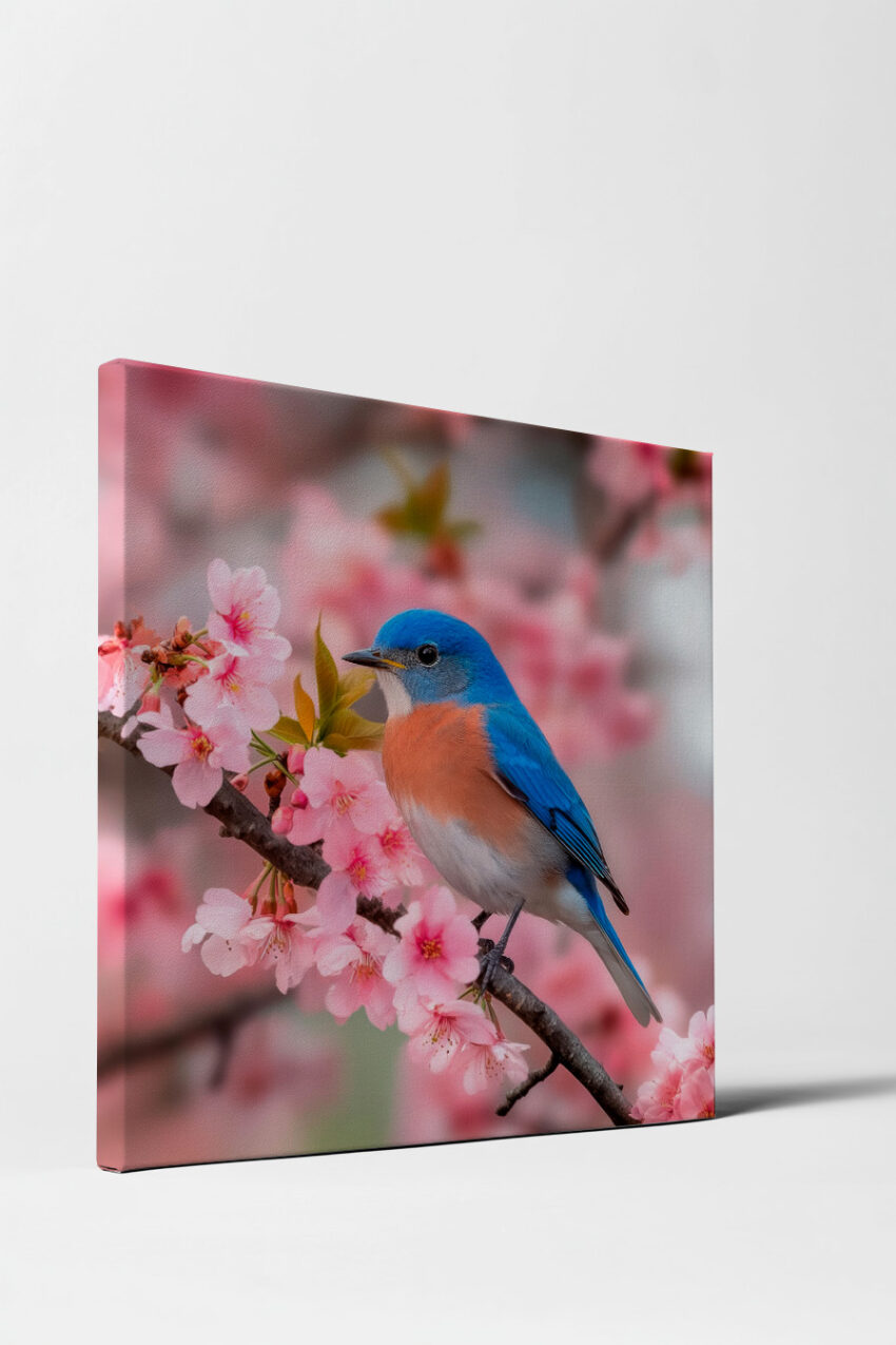 Poster mit Blaukehlchen auf blühendem Kirschzweig in natürlichen Frühlingsfarben