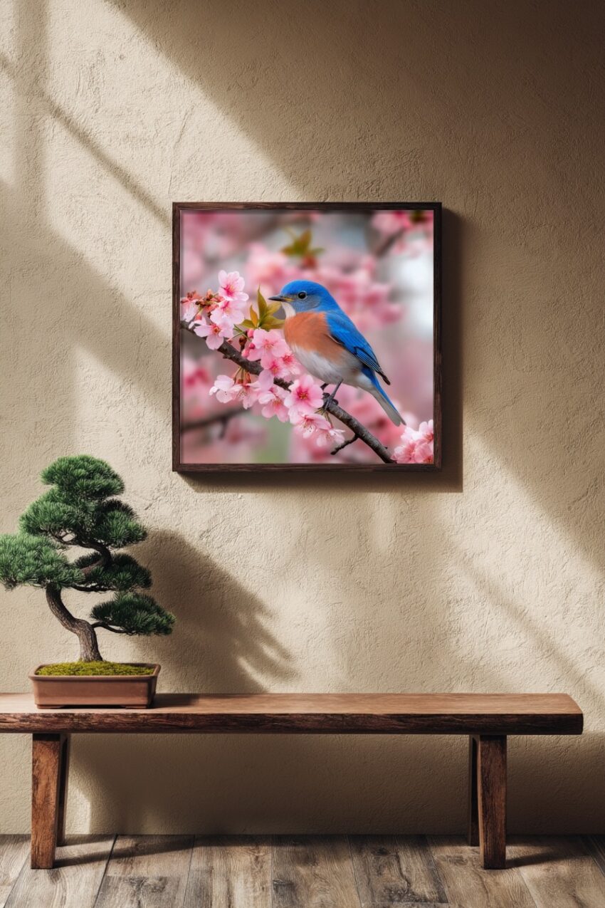 Poster mit Blaukehlchen auf blühendem Kirschzweig in natürlichen Frühlingsfarben