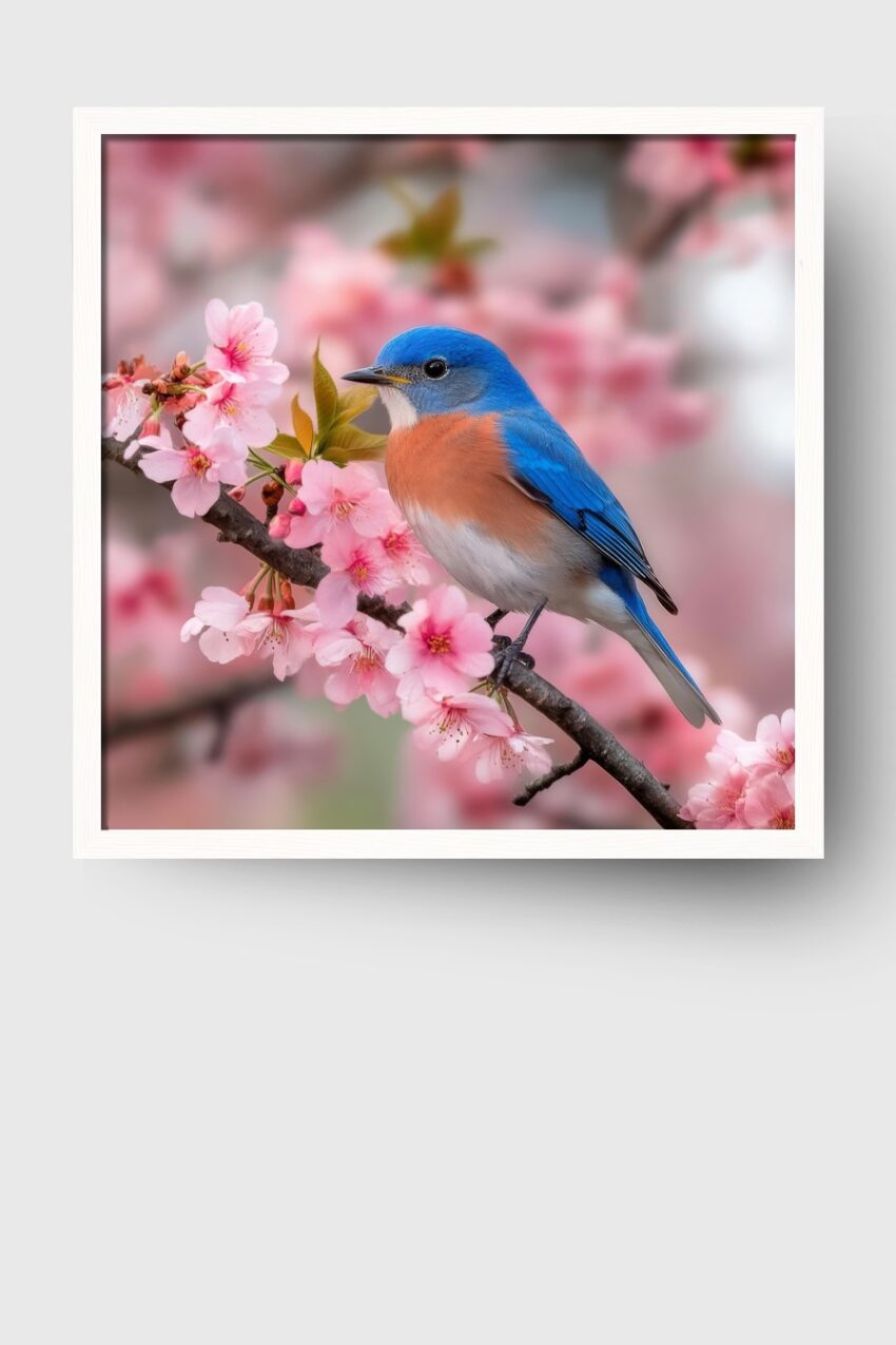 Poster mit Blaukehlchen auf blühendem Kirschzweig in natürlichen Frühlingsfarben